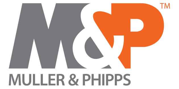 Muller & Phipps M&P courier service logo in grey and orange with bold typography