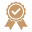 Verified quality icon with ribbon and checkmark in brown