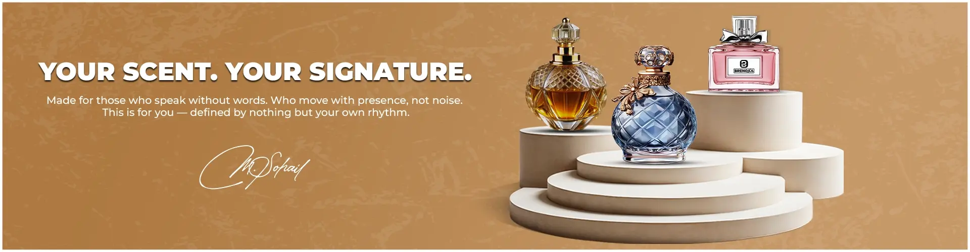 A light brown background with text written in white color, and pictures of three perfumes are displayed.